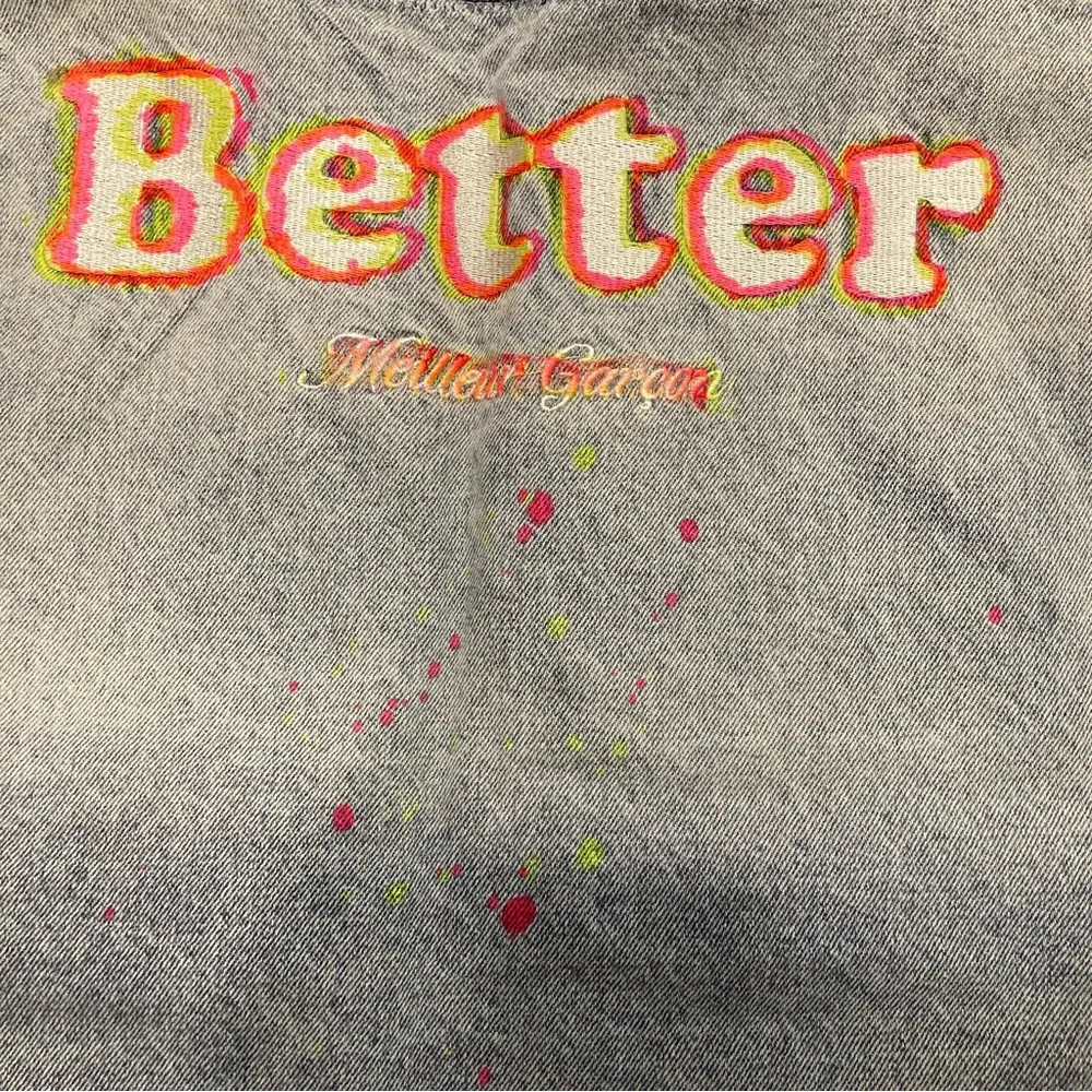 Men’s Light Wash Blue Jean Vest Neon Paint Splatter Open Front Pockets L - Picture 10 of 16